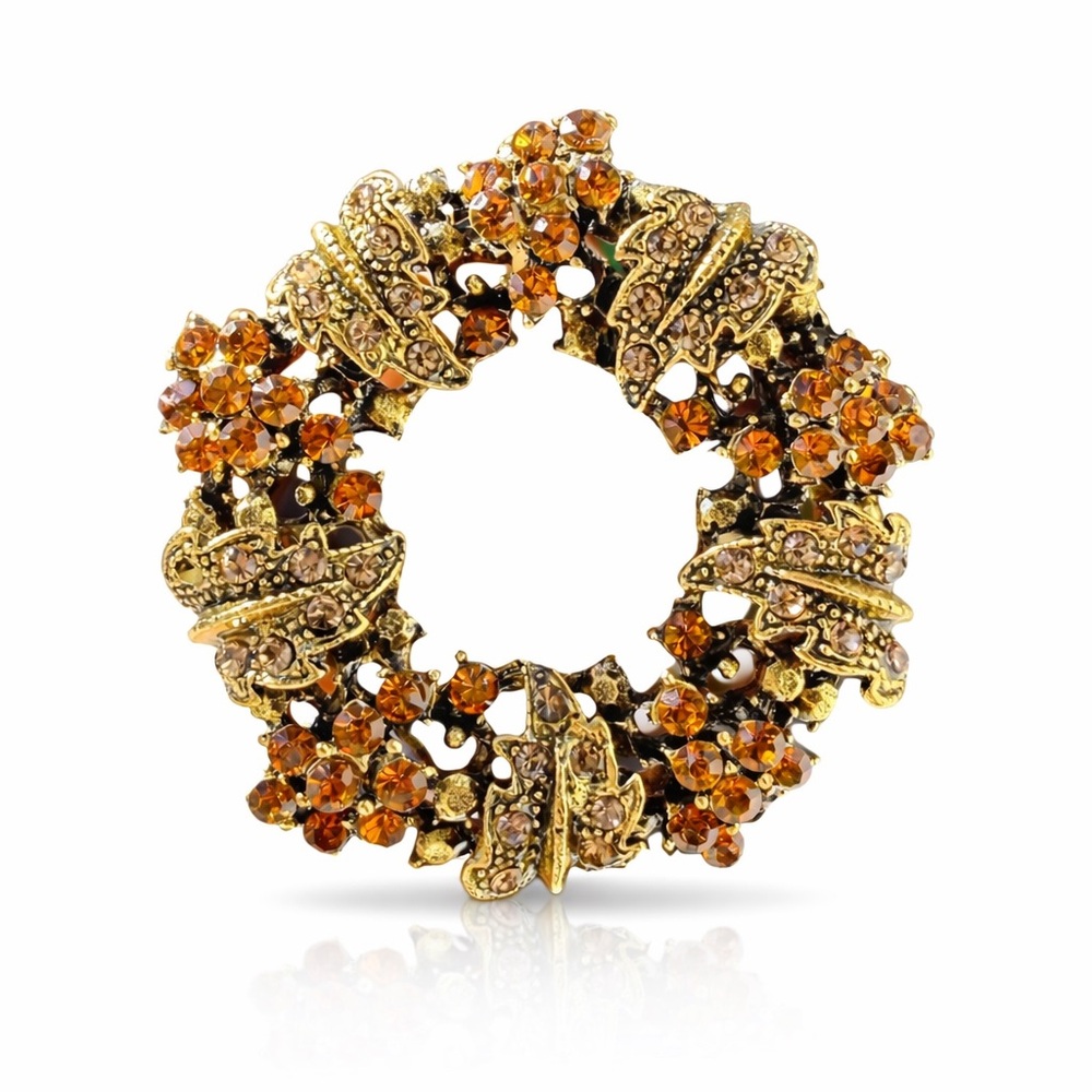 Holiday Wreath Brooch Orange and Gold Accents - Picture 1 of 5